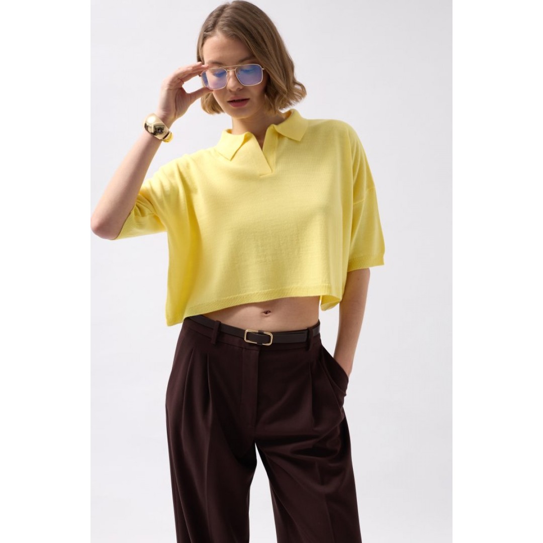 Polo Yaka Crop Dokulu Bluz 146736 Polo Yaka Crop Dokulu Bluz 146736