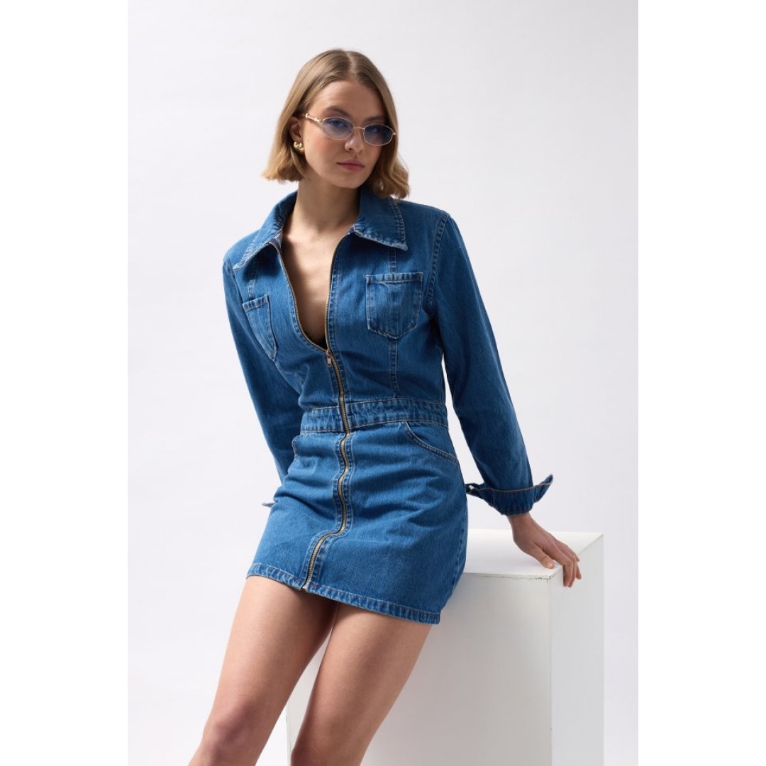 Cep Detaylı Fermuarlı Denim Elbise - 146808 Cep Detaylı Fermuarlı Denim Elbise - 146808