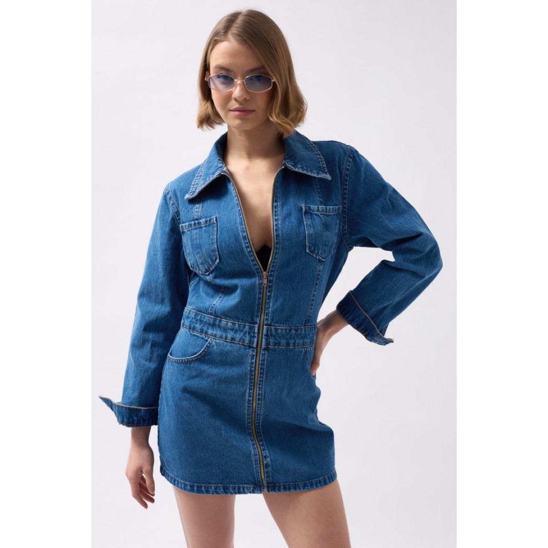 Cep Detaylı Fermuarlı Denim Elbise - 146808 Cep Detaylı Fermuarlı Denim Elbise - 146808