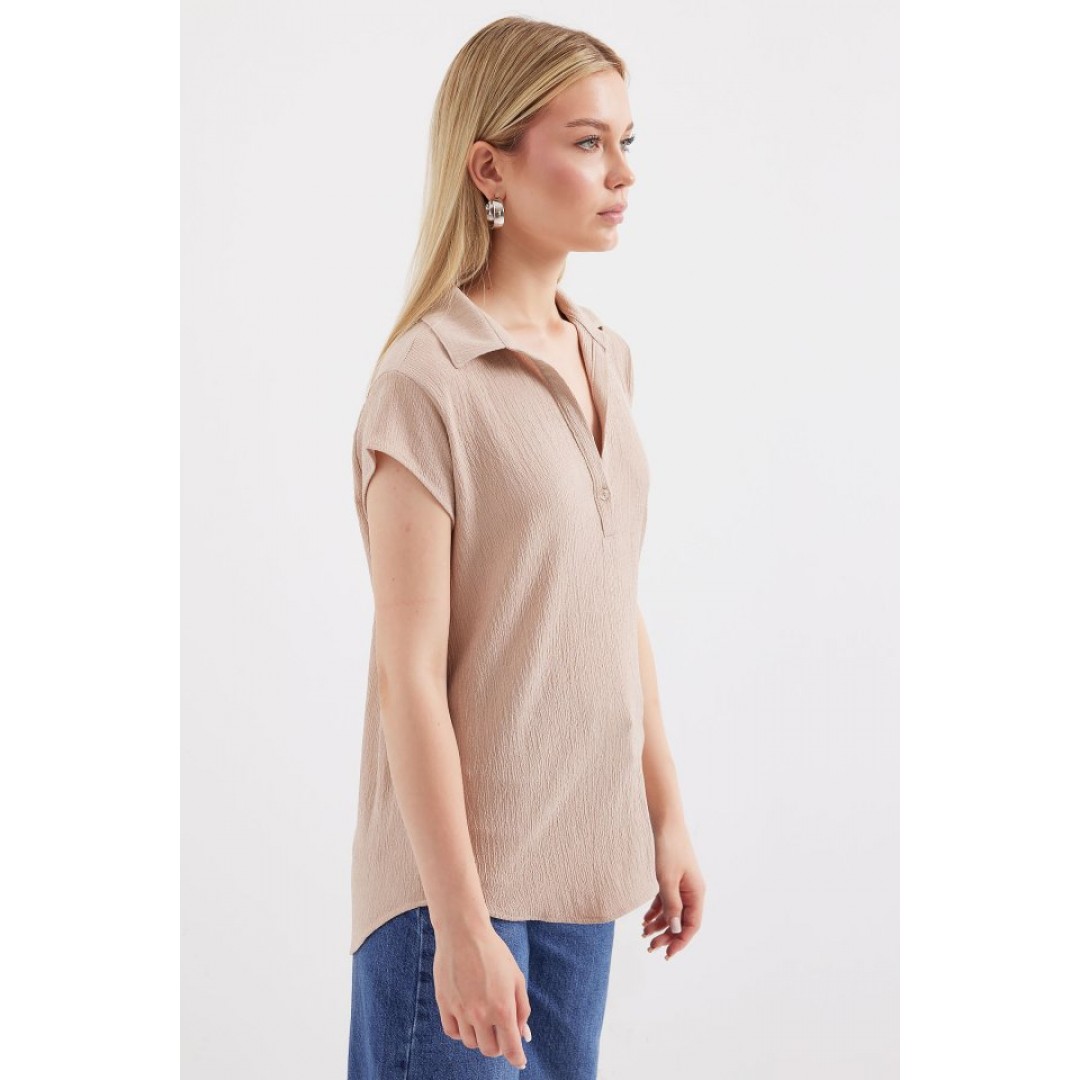 20123 Polo Yaka Örme Bluz - Bej 147449 20123 Polo Yaka Örme Bluz - Bej 147449