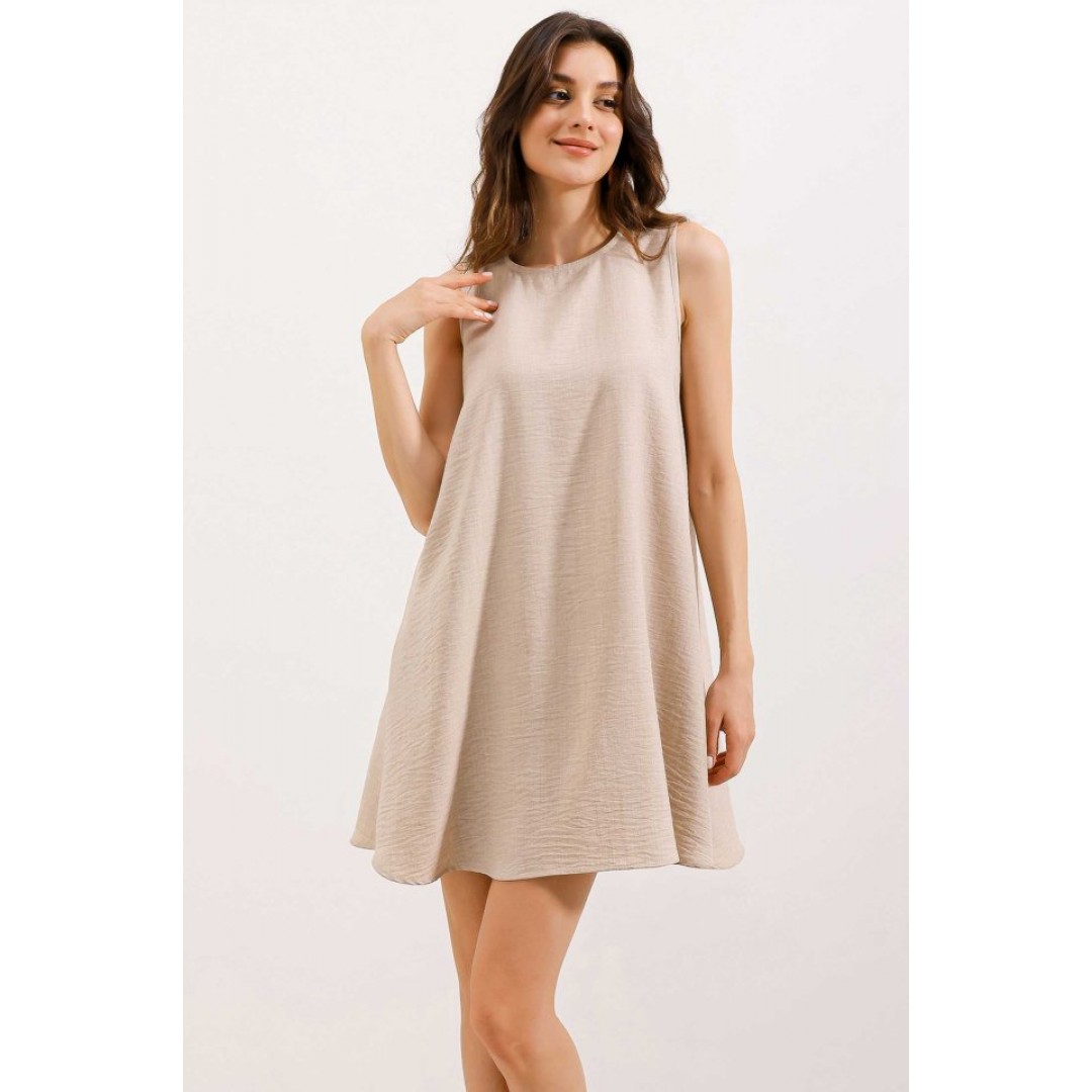 2444 Mini Keten Elbise - Bej
