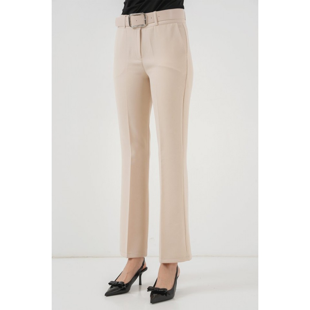 6538 Kemerli İspanyol Paça Pantolon - Krem - 150004 6538 Kemerli İspanyol Paça Pantolon - Krem - 150004