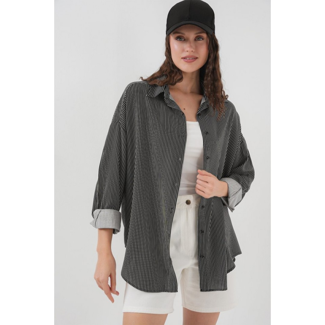 Çizgili Oversize Gömlek 20295 - Siyah