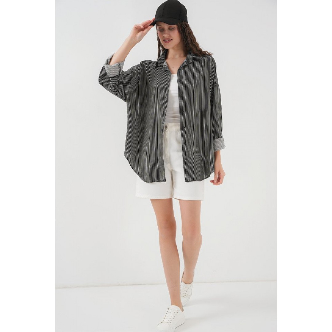 Çizgili Oversize Gömlek 20295 - Siyah - 150621 Çizgili Oversize Gömlek 20295 - Siyah - 150621