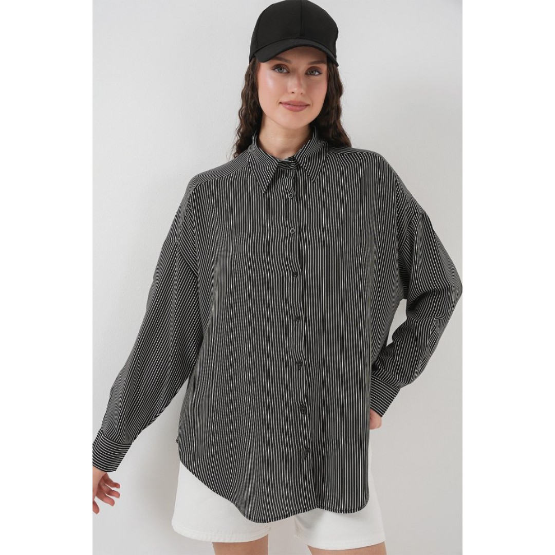 Çizgili Oversize Gömlek 20295 - Siyah - 150621 Çizgili Oversize Gömlek 20295 - Siyah - 150621