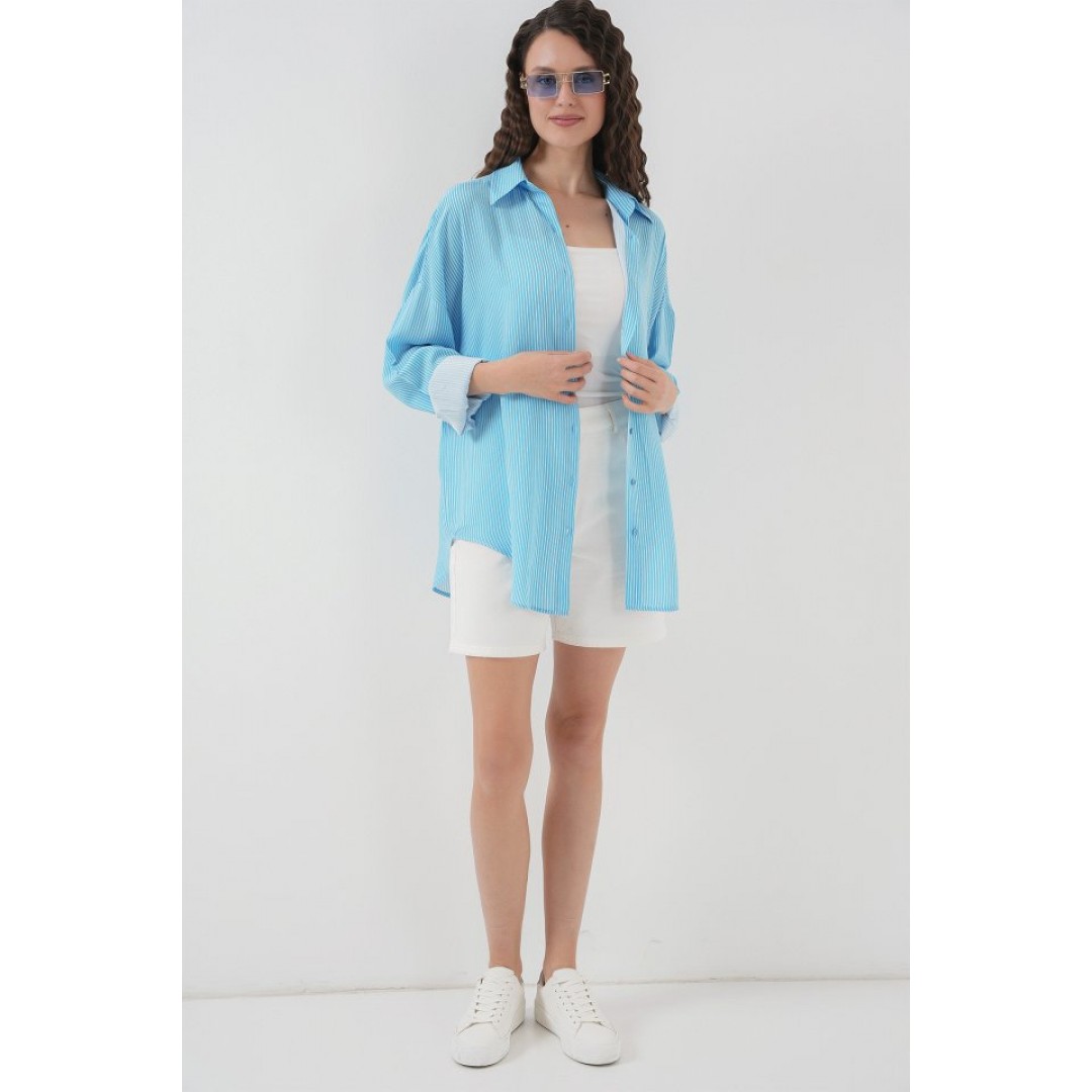 Çizgili Oversize Gömlek 20295 - Mavi - 150622 Çizgili Oversize Gömlek 20295 - Mavi - 150622