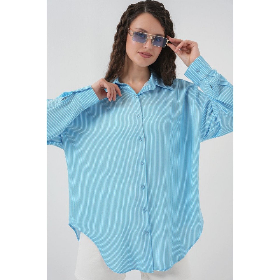 Çizgili Oversize Gömlek 20295 - Mavi - 150622 Çizgili Oversize Gömlek 20295 - Mavi - 150622