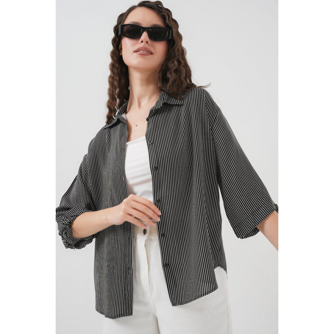 Çizgili Oversize Kısa Kol Gömlek 20296 - Siyah