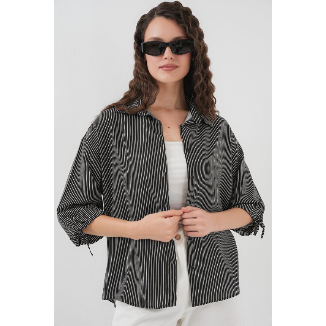 Çizgili Oversize Kısa Kol Gömlek 20296 - Siyah - 150625 Çizgili Oversize Kısa Kol Gömlek 20296 - Siyah - 150625