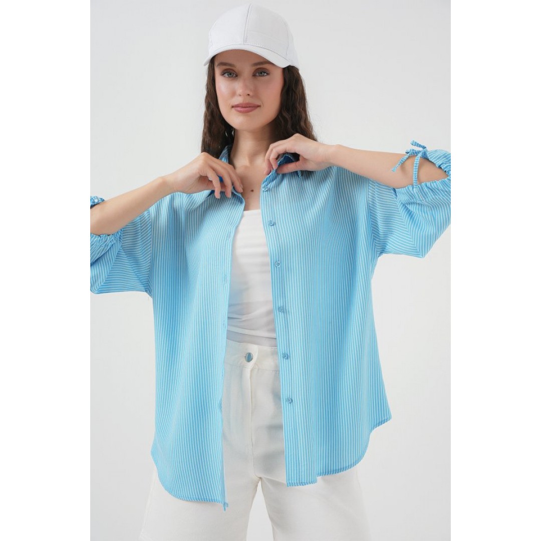 Çizgili Oversize Kısa Kol Gömlek 20296 - Mavi - 150626 Çizgili Oversize Kısa Kol Gömlek 20296 - Mavi - 150626