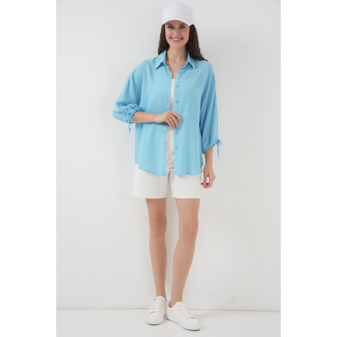 Çizgili Oversize Kısa Kol Gömlek 20296 - Mavi - 150626 Çizgili Oversize Kısa Kol Gömlek 20296 - Mavi - 150626