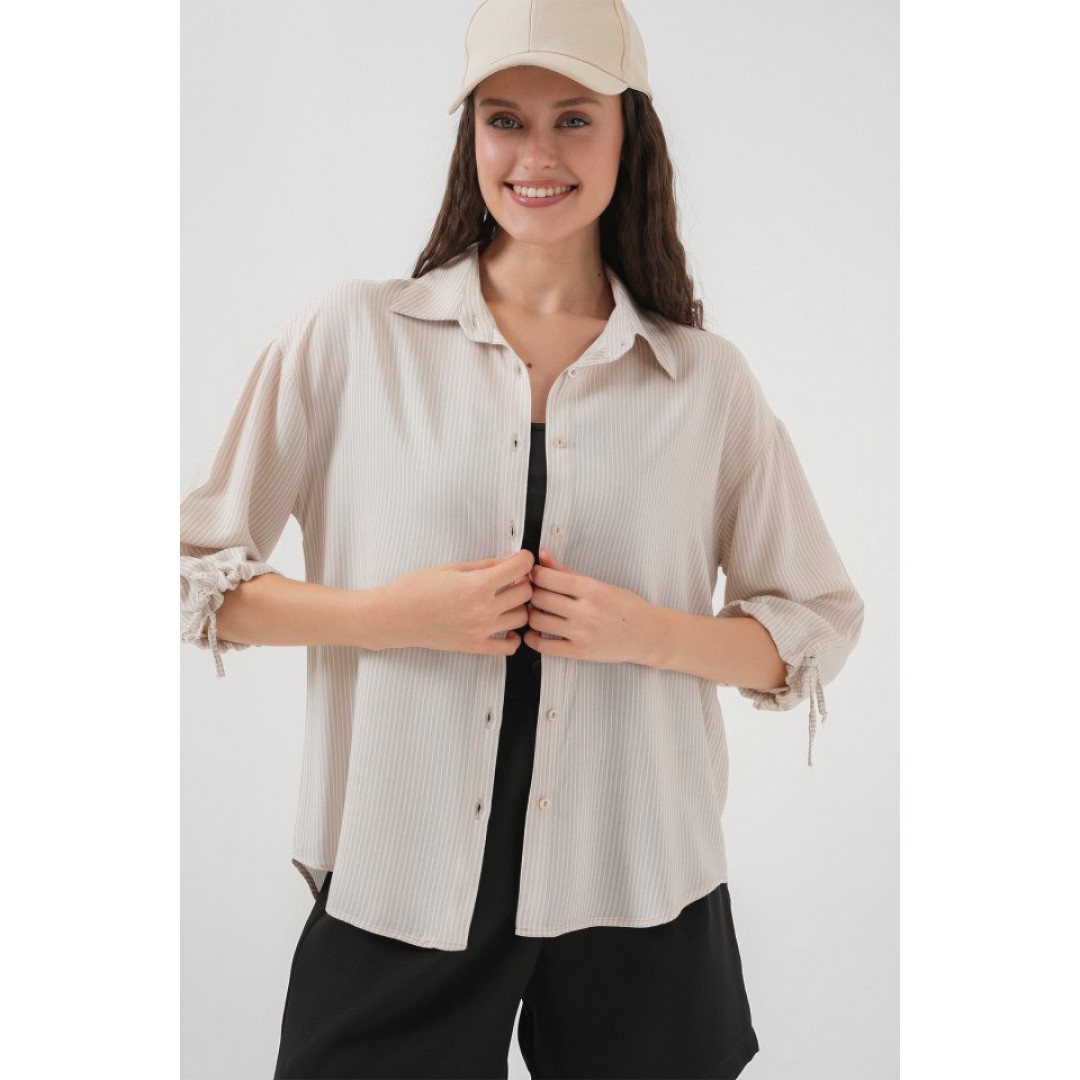 Çizgili Oversize Kısa Kol Gömlek 20296 - Krem - 150627 Çizgili Oversize Kısa Kol Gömlek 20296 - Krem - 150627