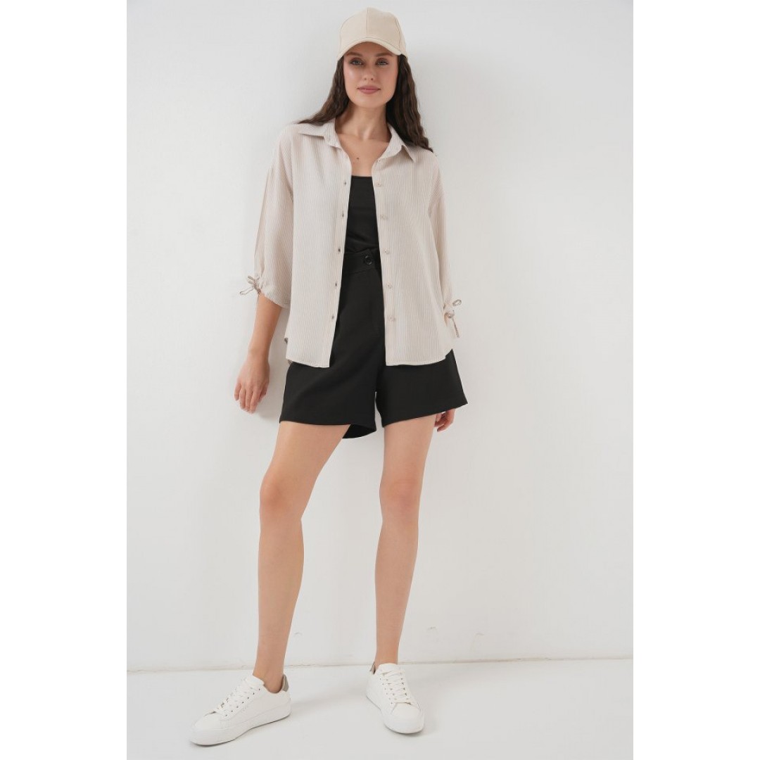 Çizgili Oversize Kısa Kol Gömlek 20296 - Krem - 150627 Çizgili Oversize Kısa Kol Gömlek 20296 - Krem - 150627