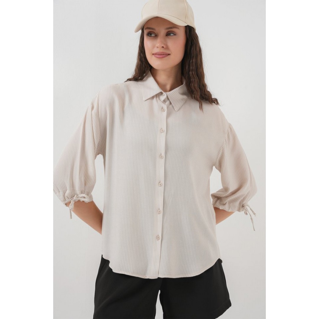 Çizgili Oversize Kısa Kol Gömlek 20296 - Krem - 150627 Çizgili Oversize Kısa Kol Gömlek 20296 - Krem - 150627