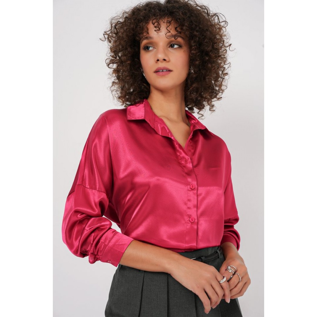 3985 Oversize Saten Gömlek - Bordo 150678
