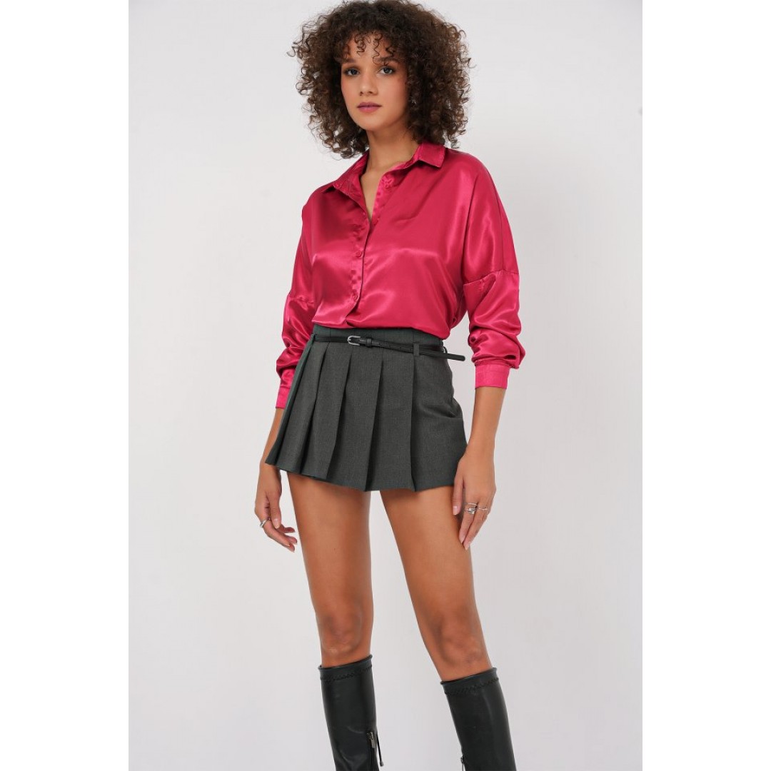 3985 Oversize Saten Gömlek - Bordo 150678
