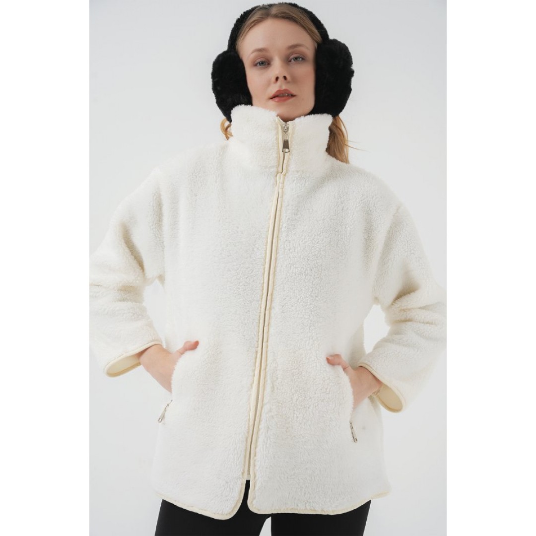 5211 Fermuarlı Peluş Mont - Ekru