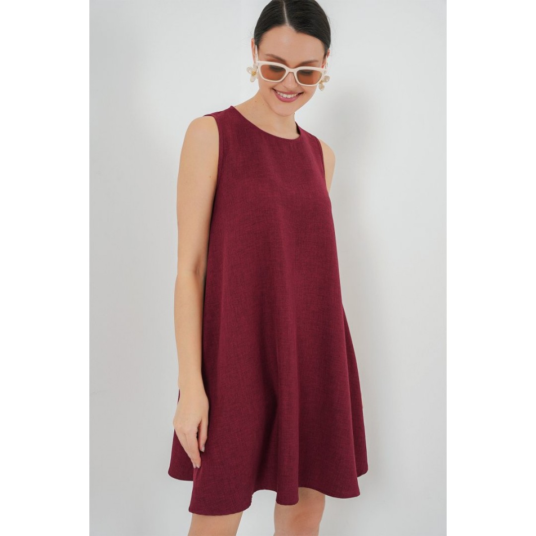 2444 Mini Keten Elbise - Bordo 153748 2444 Mini Keten Elbise - Bordo 153748