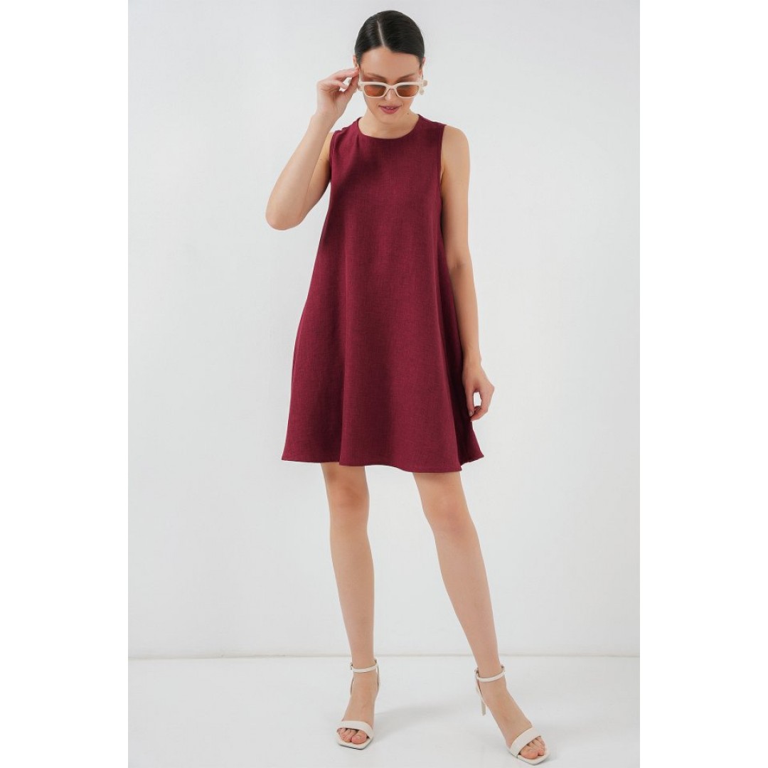 2444 Mini Keten Elbise - Bordo 153748 2444 Mini Keten Elbise - Bordo 153748