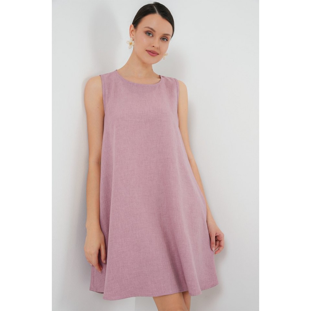 2444 Mini Keten Elbise - Pembe 153750 2444 Mini Keten Elbise - Pembe 153750