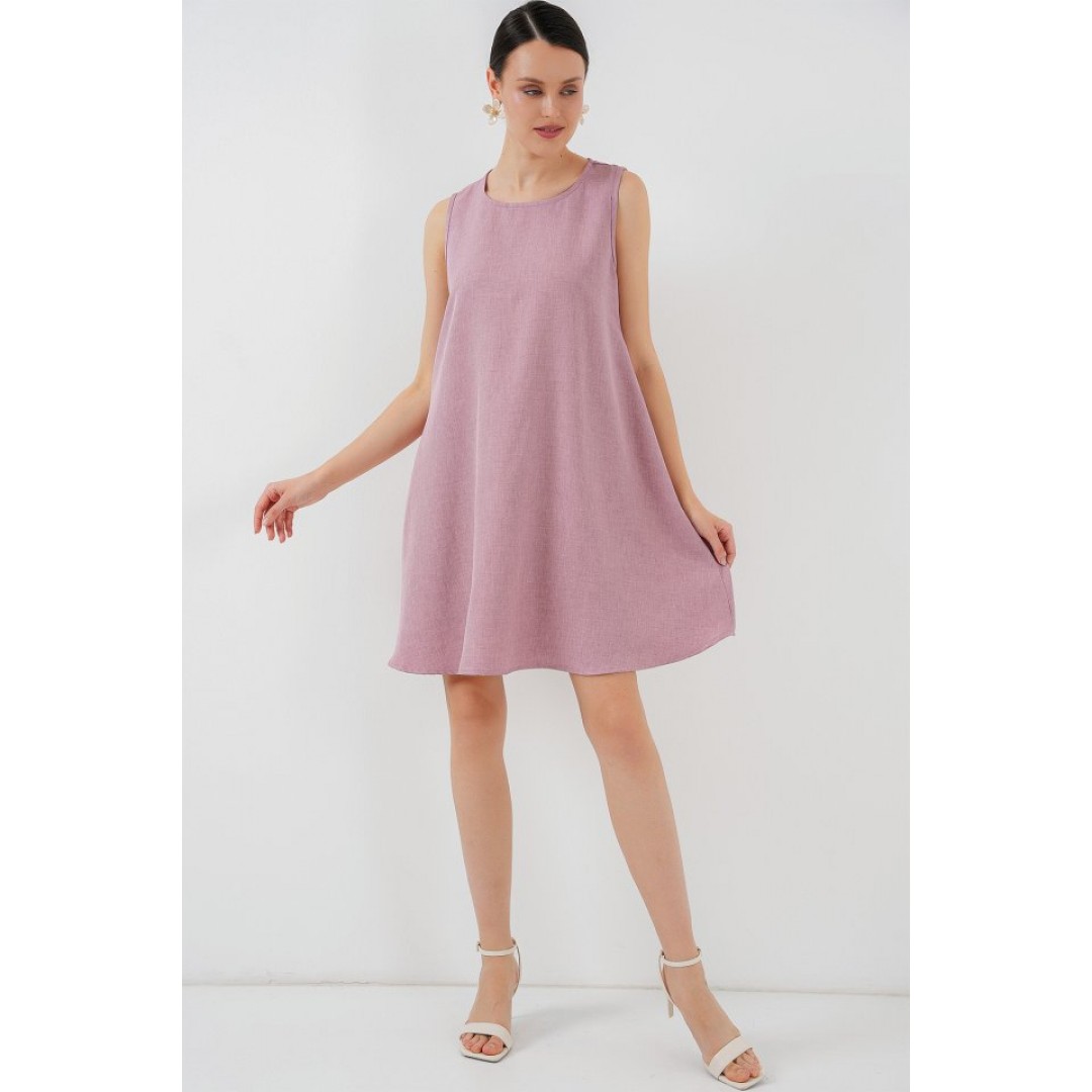2444 Mini Keten Elbise - Pembe 153750 2444 Mini Keten Elbise - Pembe 153750