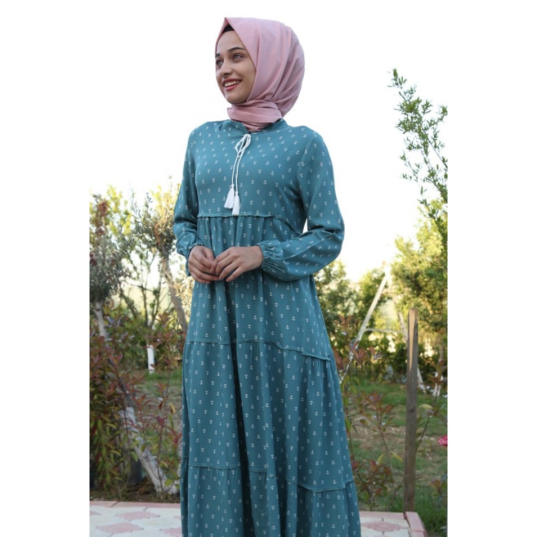 1627 Yaka Bağcıklı Tesettür Elbise - Mint
