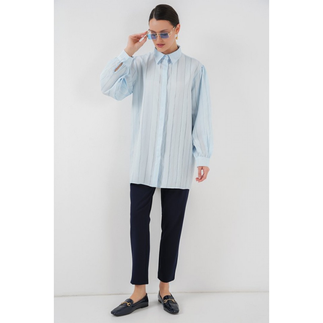 Çizgili Uzun Gömlek Tunik 5947 - Mavi - 154133