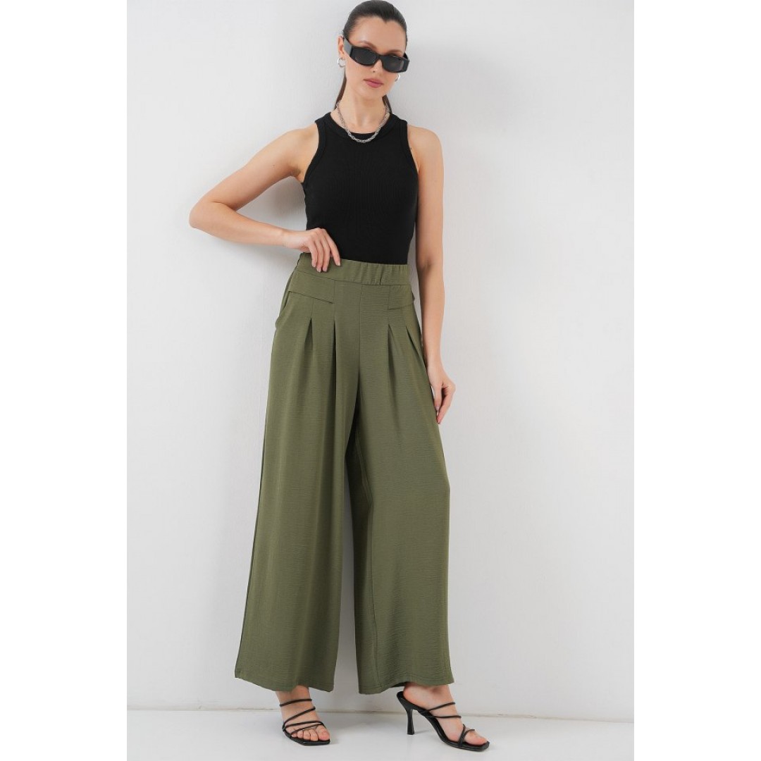 Geniş Paça Pileli Pantolon 6718 - Haki 154134