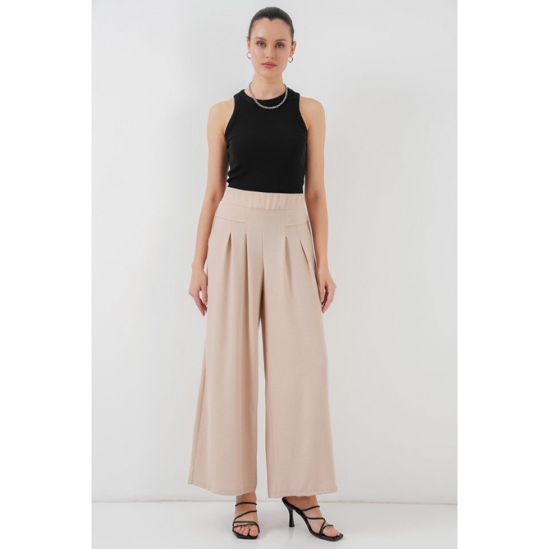 Geniş Paça Pileli Pantolon 6718 - Krem