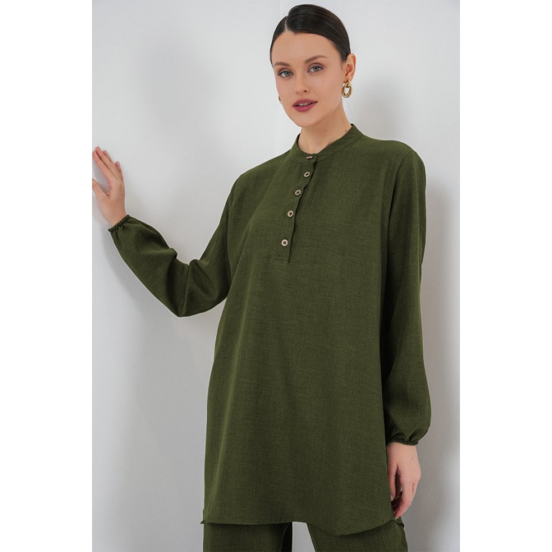 6678 Keten Tunik Pantolon İkili Takım - Haki 154330 6678 Keten Tunik Pantolon İkili Takım - Haki 154330
