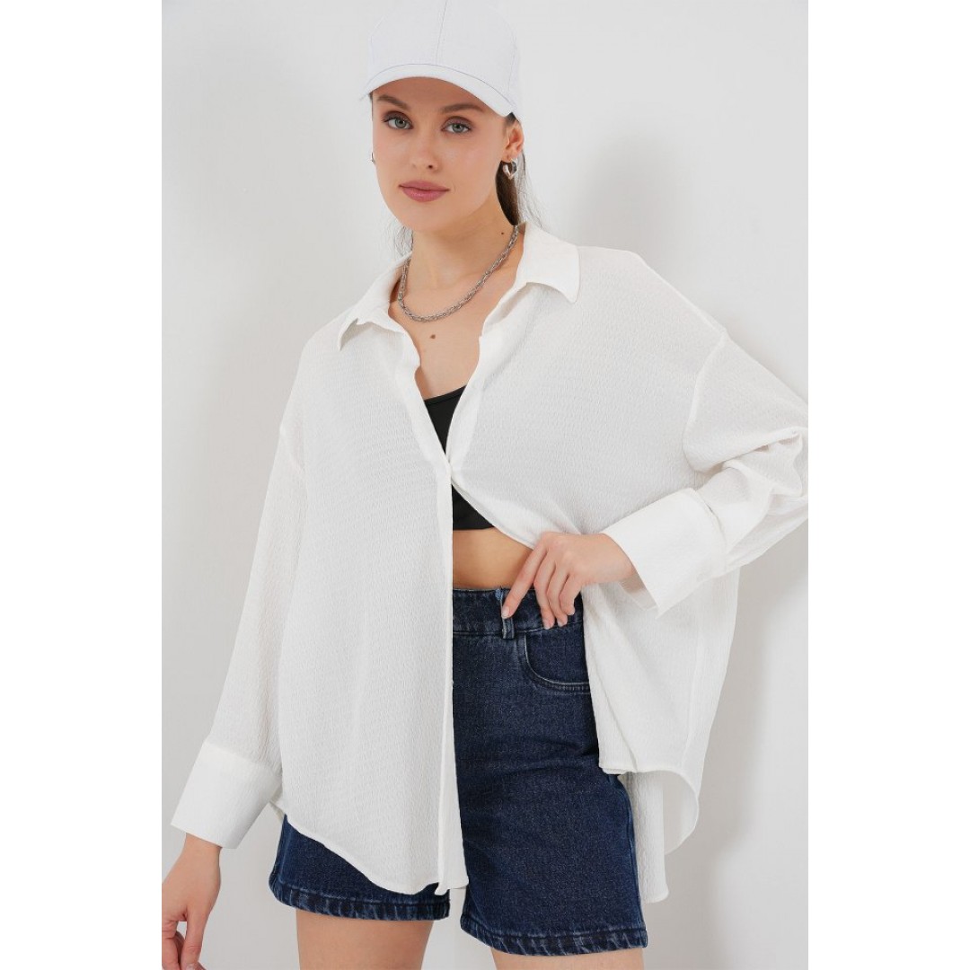 Örme Oversize Gömlek 20264 - Beyaz 154748 Örme Oversize Gömlek 20264 - Beyaz 154748