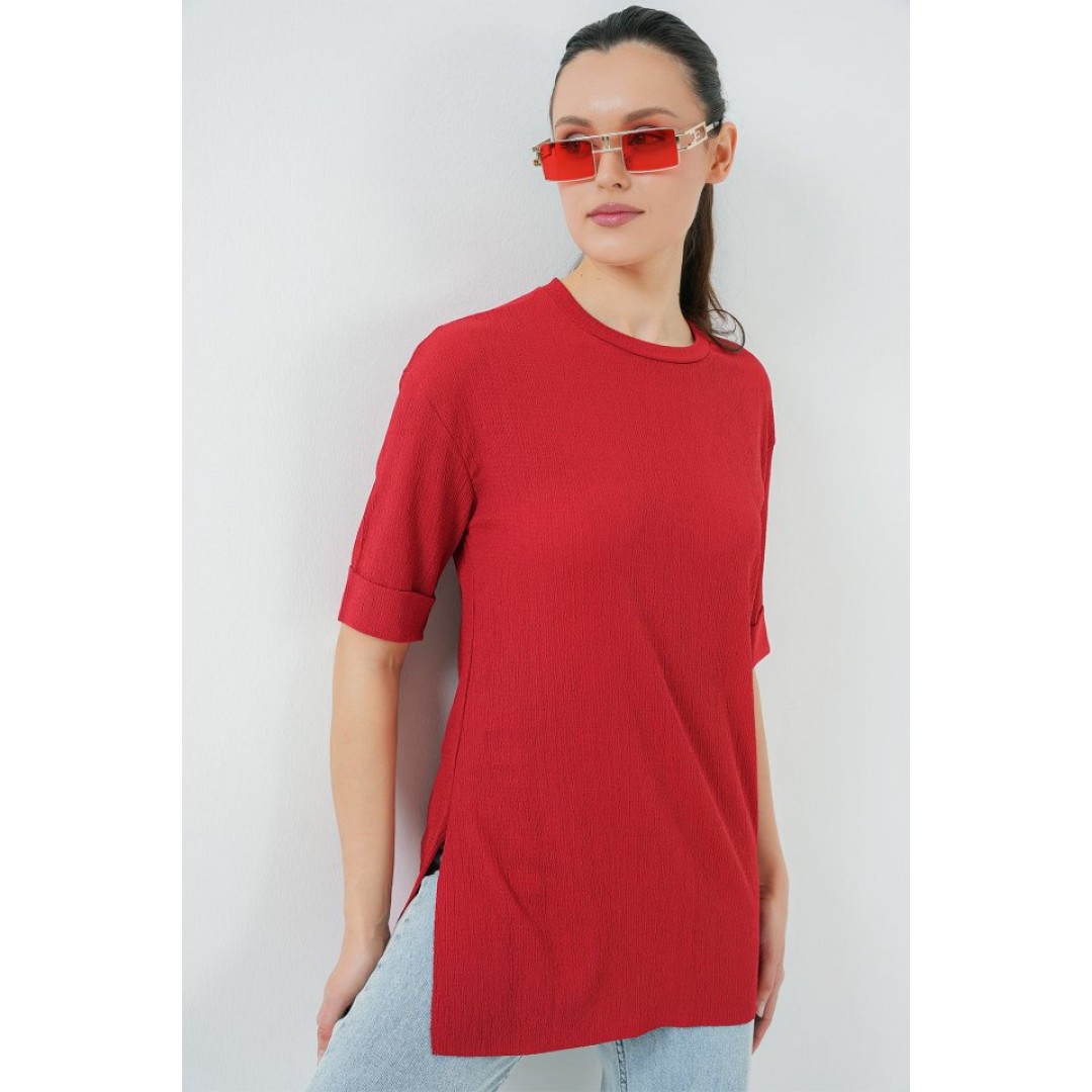 4332 Yanı Yırtmaçlı Örme Tişört - Kırmızı - 155526 4332 Yanı Yırtmaçlı Örme Tişört - Kırmızı - 155526