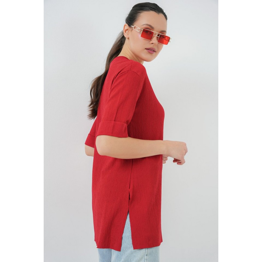 4332 Yanı Yırtmaçlı Örme Tişört - Kırmızı - 155526 4332 Yanı Yırtmaçlı Örme Tişört - Kırmızı - 155526