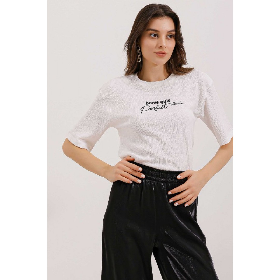 0472 Baskılı Oversize Örme Tişört - Beyaz 155531
