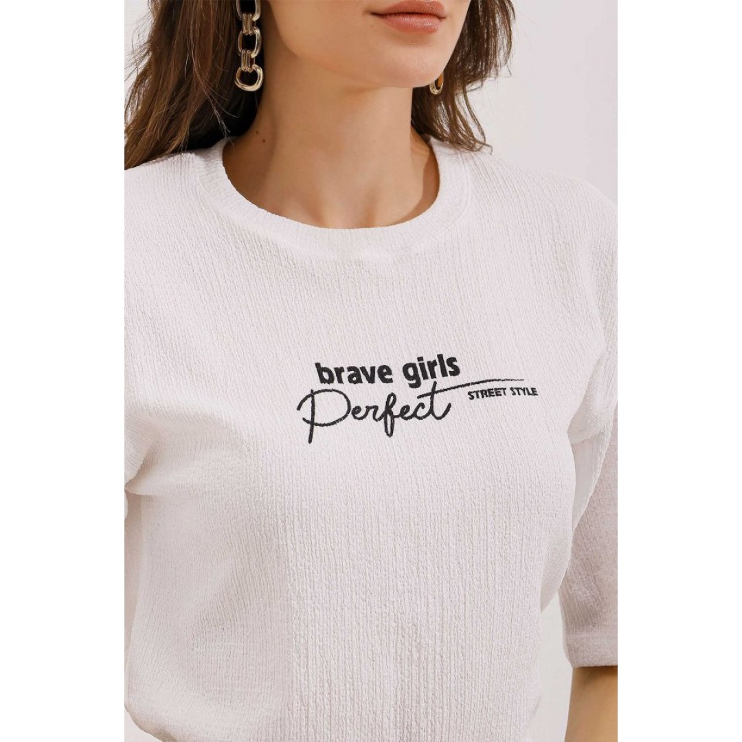 0472 Baskılı Oversize Örme Tişört - Beyaz 155531