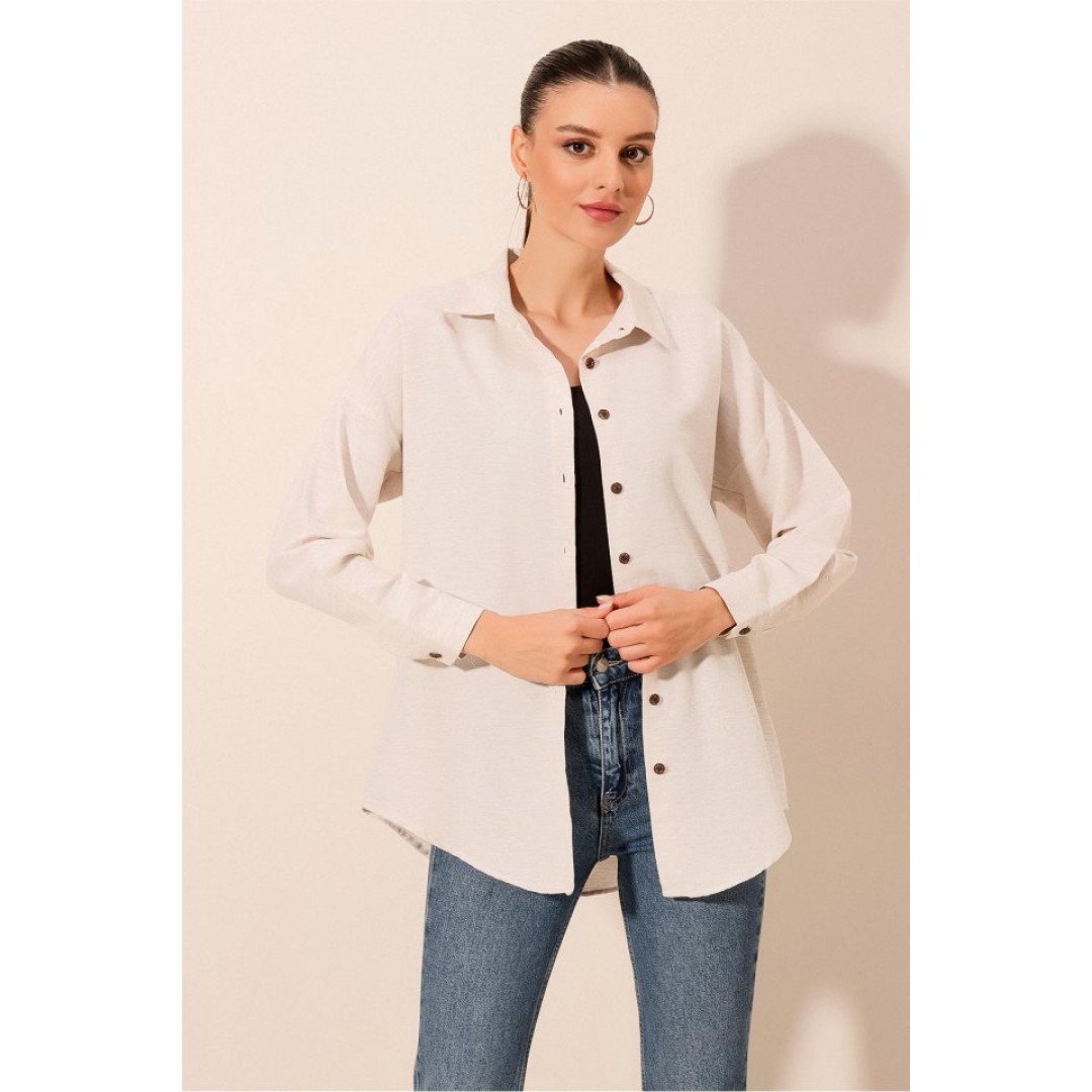 Krem Düz Oversize Uzun Basic Gömlek 3900