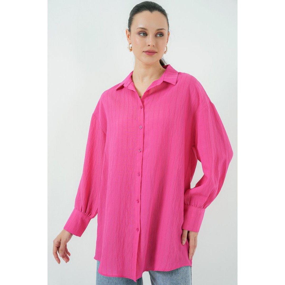 Çizgili Uzun Gömlek Tunik 5963 - Fuşya - 156632
