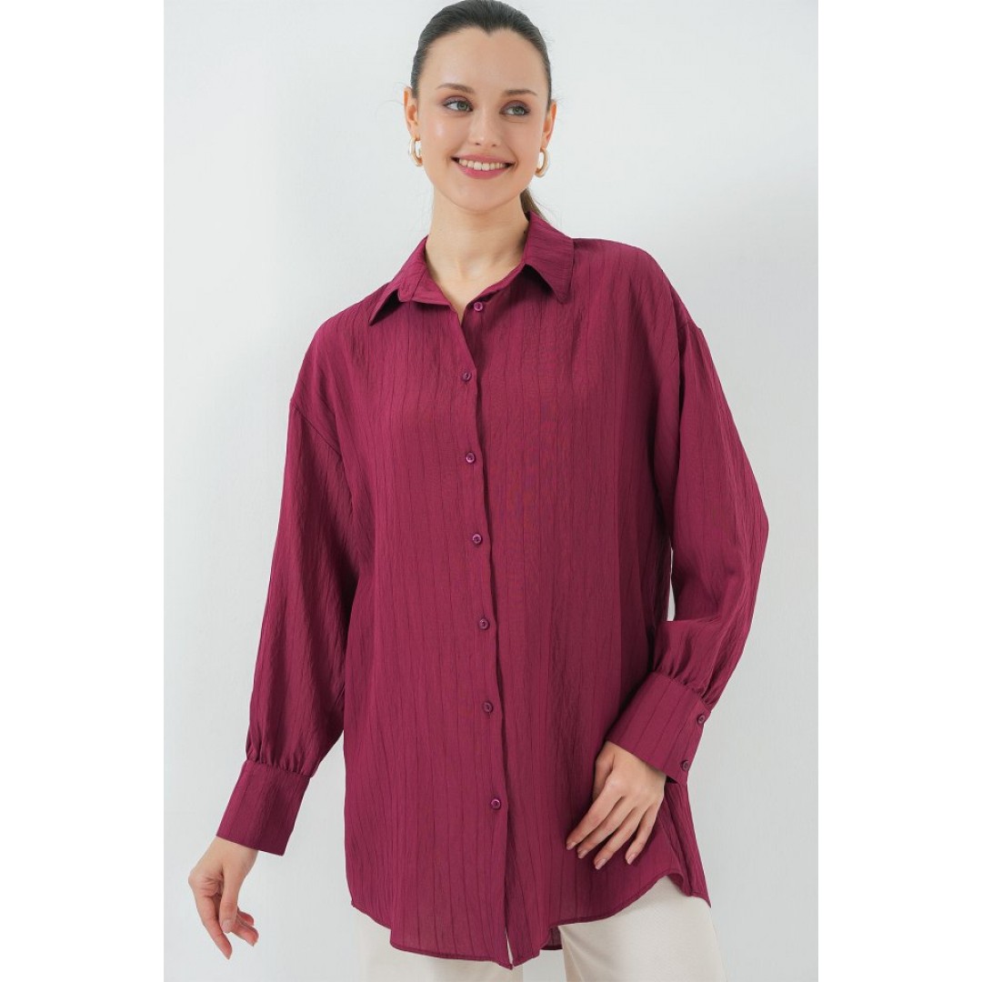 Çizgili Uzun Gömlek Tunik 5963 - Bordo