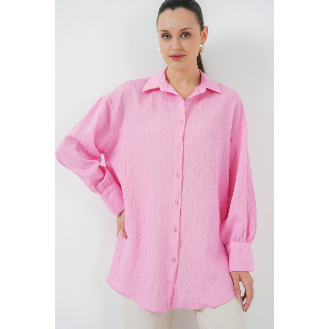 Çizgili Uzun Gömlek Tunik 5963 - Pembe - 156782