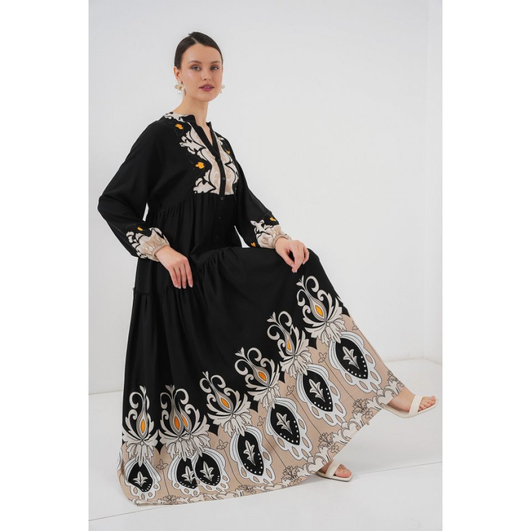 2423 Otantik Desenli Tesettür Elbise - Siyah 6