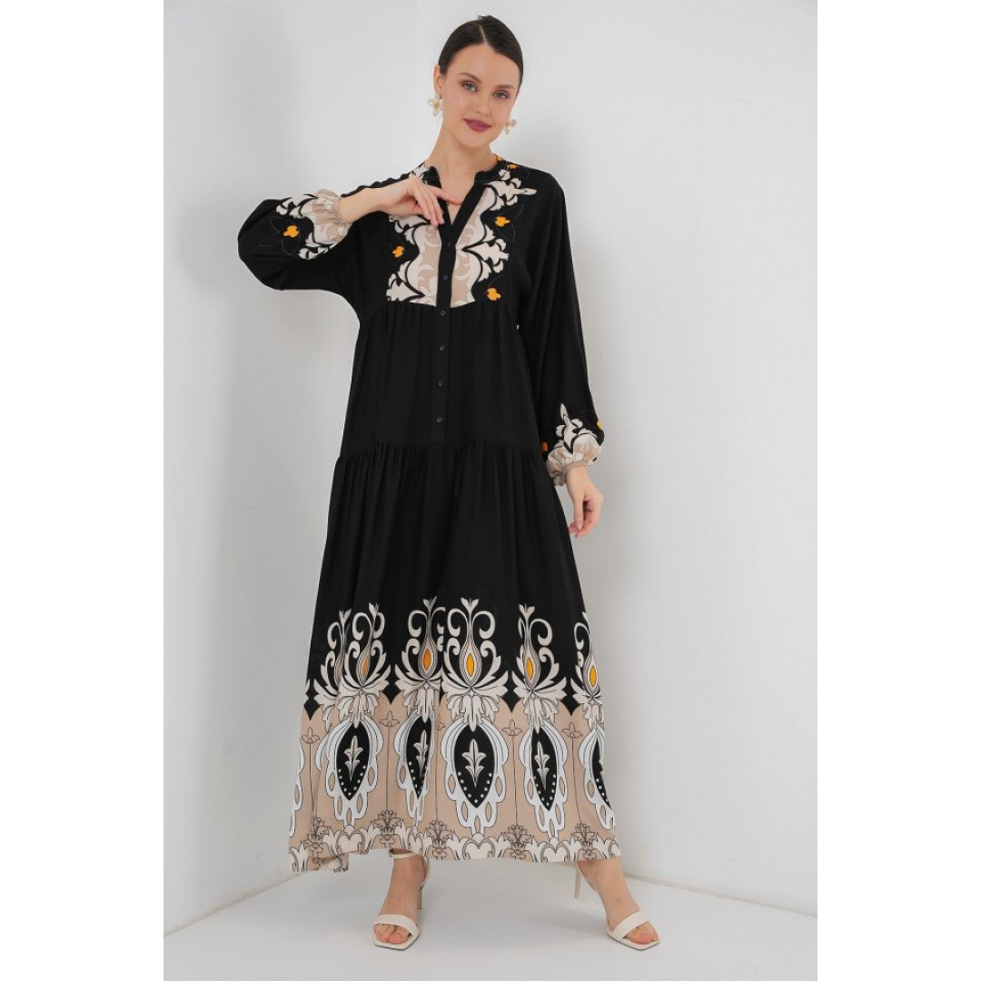 2423 Otantik Desenli Tesettür Elbise - Siyah 6 157048 2423 Otantik Desenli Tesettür Elbise - Siyah 6 157048