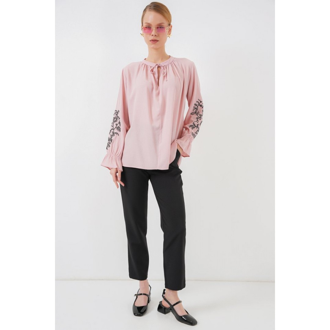 Nakışlı Örme Bluz 941 - Pudra 157644
