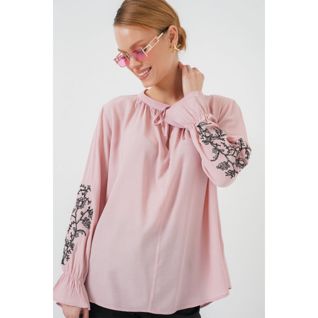 Nakışlı Örme Bluz 941 - Pudra 157644