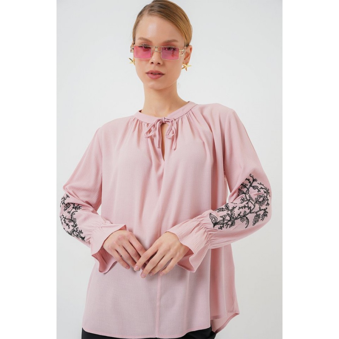Nakışlı Örme Bluz 941 - Pudra 157644