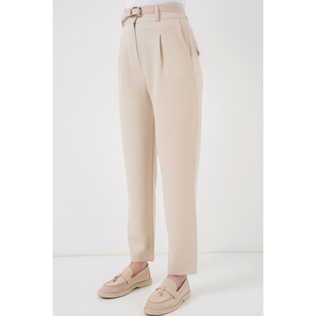 Pileli Kemerli Kumaş Pantolon 6725 - Krem 157651 Pileli Kemerli Kumaş Pantolon 6725 - Krem 157651