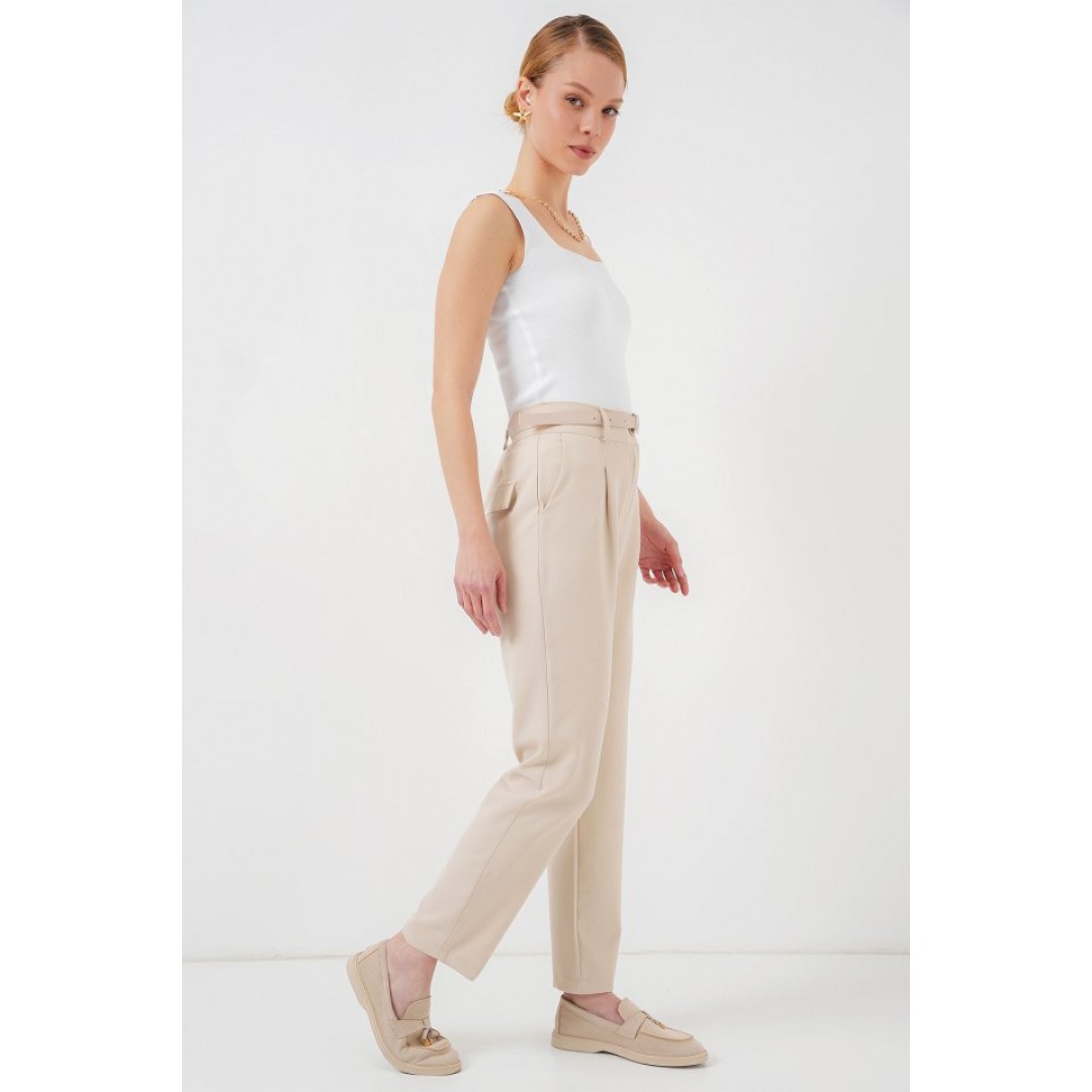 Pileli Kemerli Kumaş Pantolon 6725 - Krem 157651 Pileli Kemerli Kumaş Pantolon 6725 - Krem 157651
