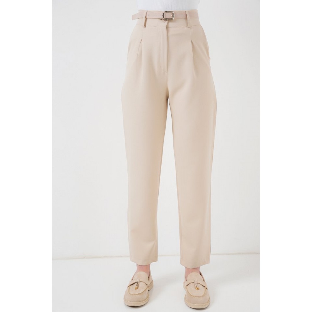 Pileli Kemerli Kumaş Pantolon 6725 - Krem 157651 Pileli Kemerli Kumaş Pantolon 6725 - Krem 157651