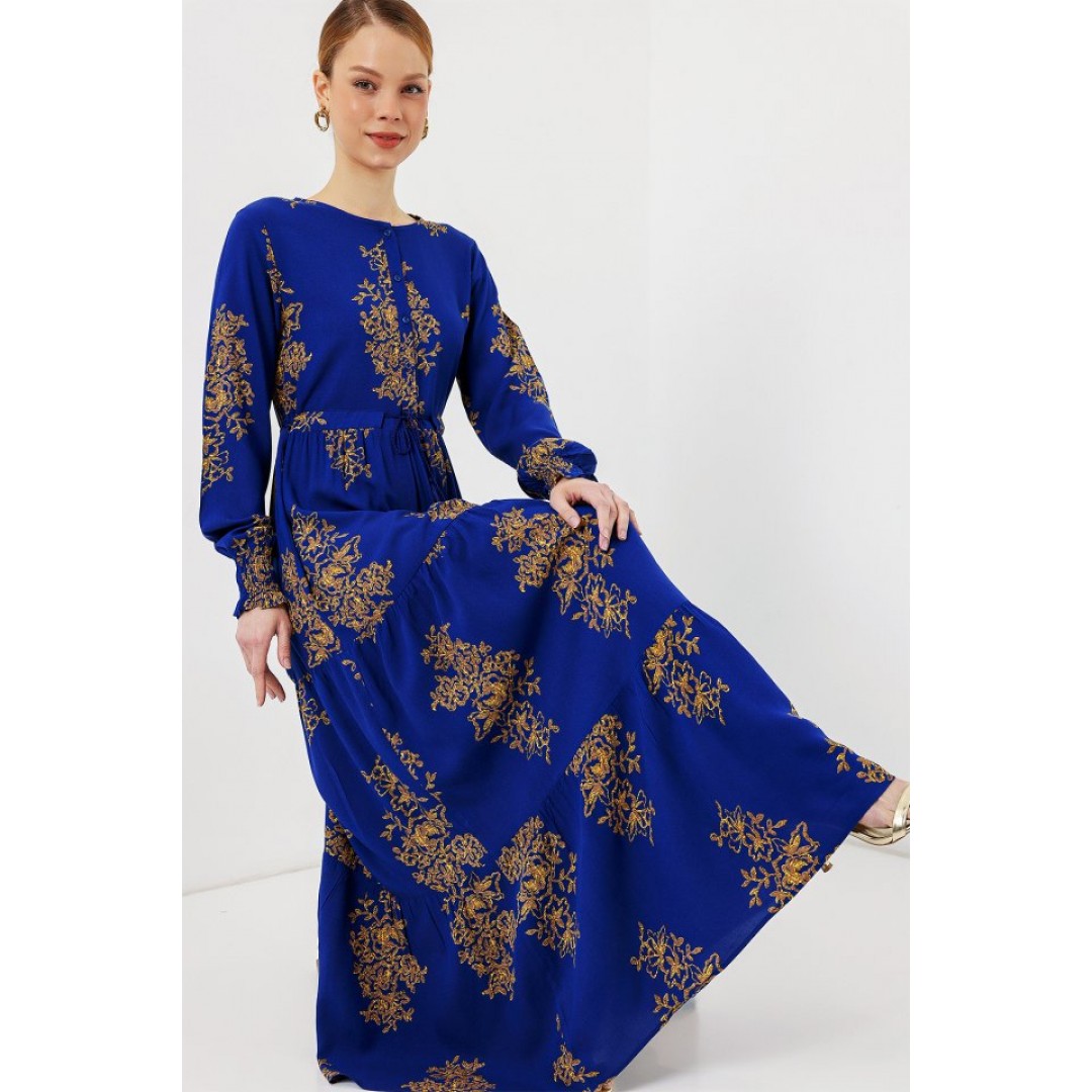 2145 Desenli Tesettür Elbise - Saks 159464 2145 Desenli Tesettür Elbise - Saks 159464