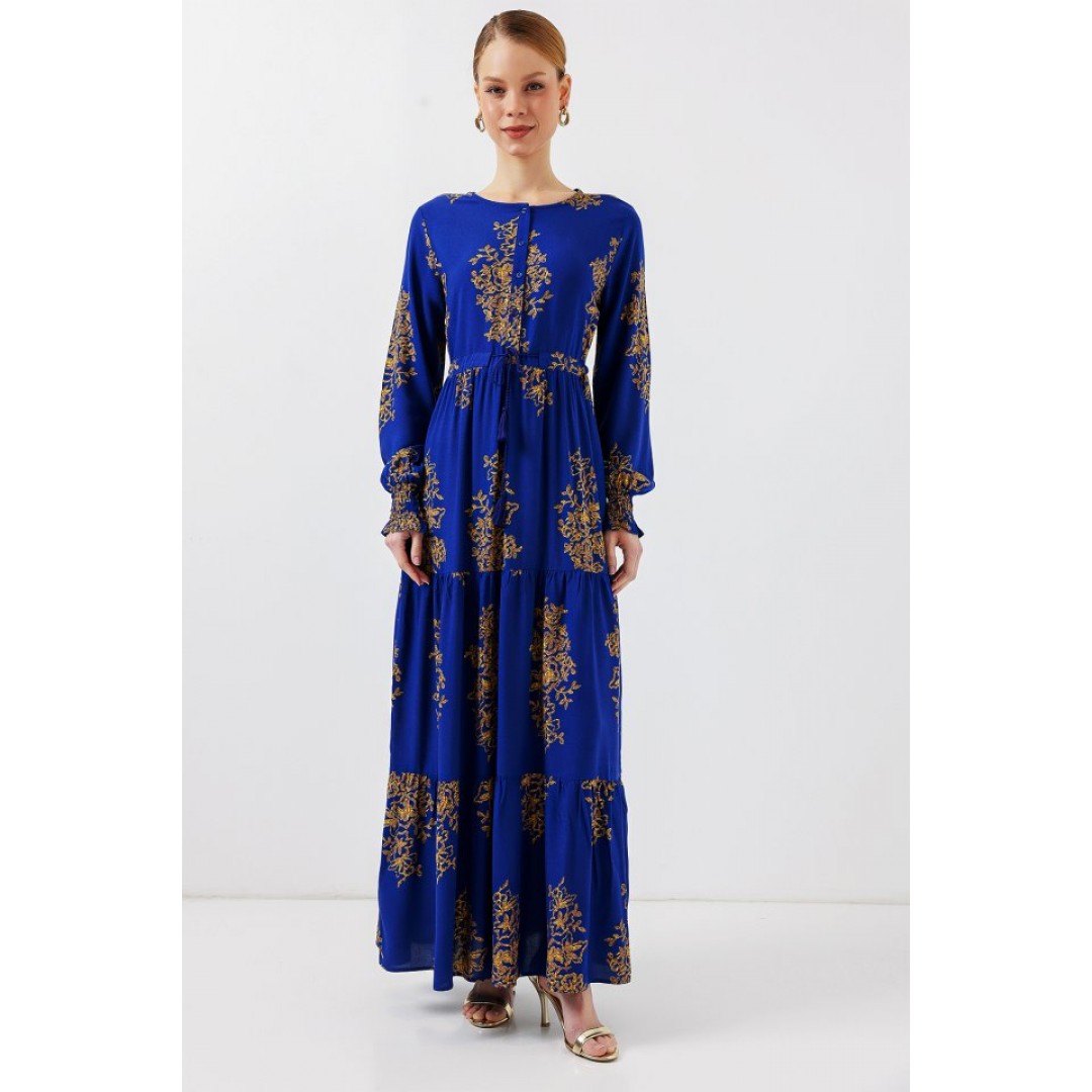 2145 Desenli Tesettür Elbise - Saks 159464 2145 Desenli Tesettür Elbise - Saks 159464