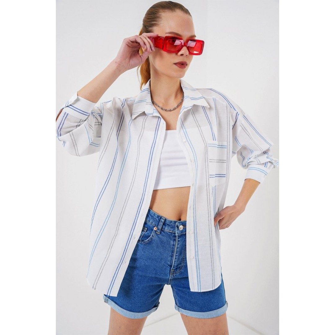 Çizgili Oversize Gömlek 20278 - Beyaz - 159610 Çizgili Oversize Gömlek 20278 - Beyaz - 159610
